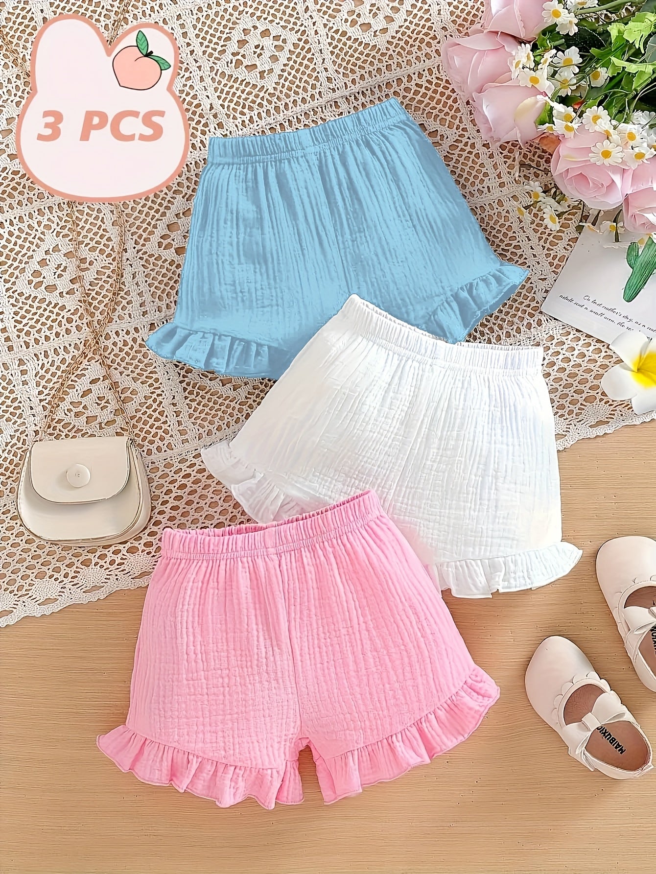Girls' Summer Fashion Cute Solid Color Lace Shorts with Pockets 3pcs Set, Perfect for Outings and Gatherings, Perfect for Outdoor