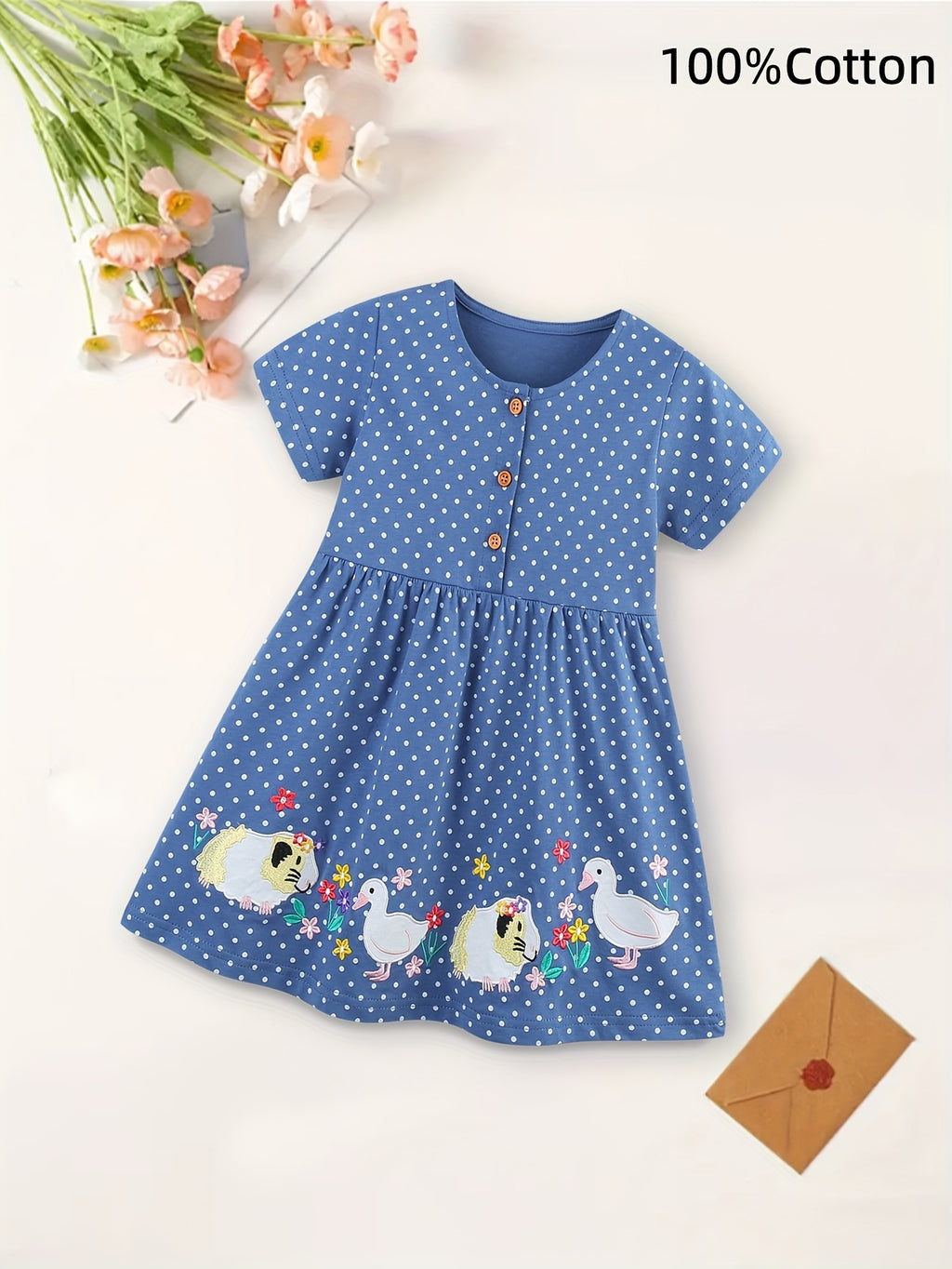 Adorable Polka Dot Youngsters Girls' Princess Dress - 100% Cotton, Short Sleeve with Cute Animal Embroidery, Button Detail & Flared Skirt - Perfect for Spring/Summer Casual Wear, Youngsters Princess Dress