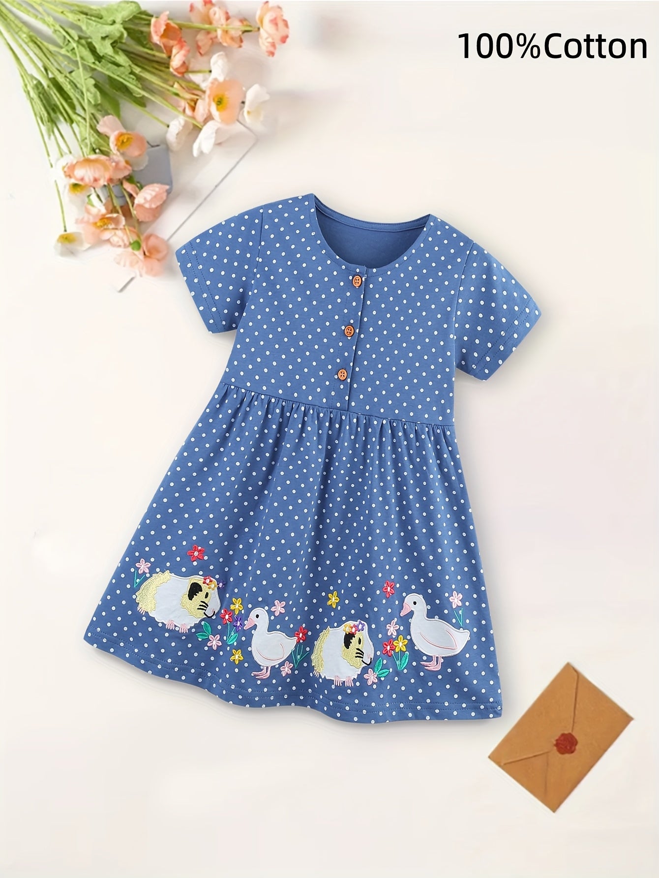 Adorable Polka Dot Youngsters Girls' Princess Dress - 100% Cotton, Short Sleeve with Cute Animal Embroidery, Button Detail & Flared Skirt - Perfect for Spring/Summer Casual Wear, Youngsters Princess Dress