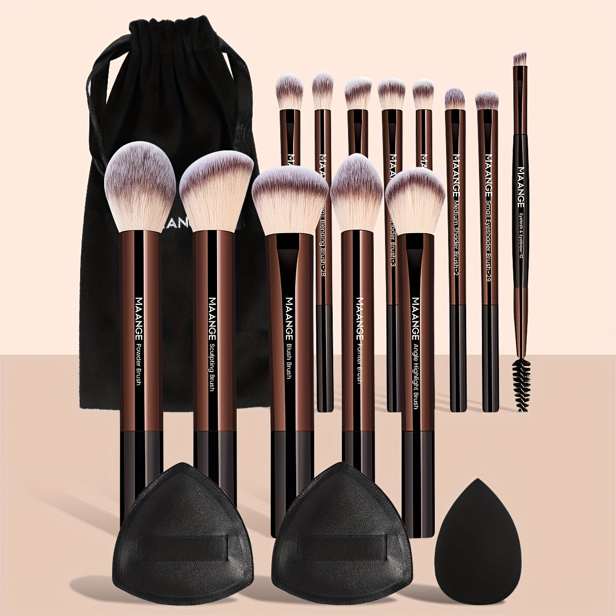 MAANGE 17pcs Professional Makeup Kit Include 13pcs Aluminum Makeup Brush&Velvet Bag&3pcs Makeup Sponge Puff, Powder Brush, Eye Shadow Brush, Blush Brush, Detail Brush, Travel Easy Carrying Set, Christmas Gift Set, Basic Makeup Tool