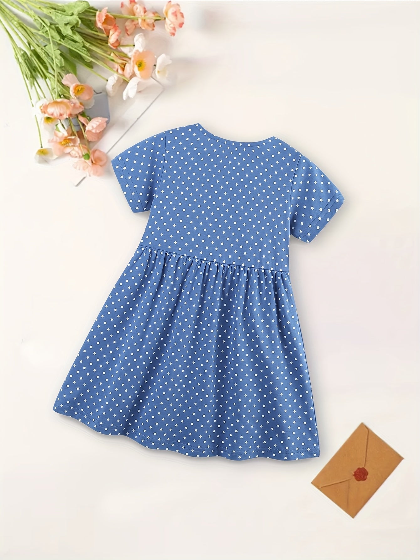 Adorable Polka Dot Youngsters Girls' Princess Dress - 100% Cotton, Short Sleeve with Cute Animal Embroidery, Button Detail & Flared Skirt - Perfect for Spring/Summer Casual Wear, Youngsters Princess Dress