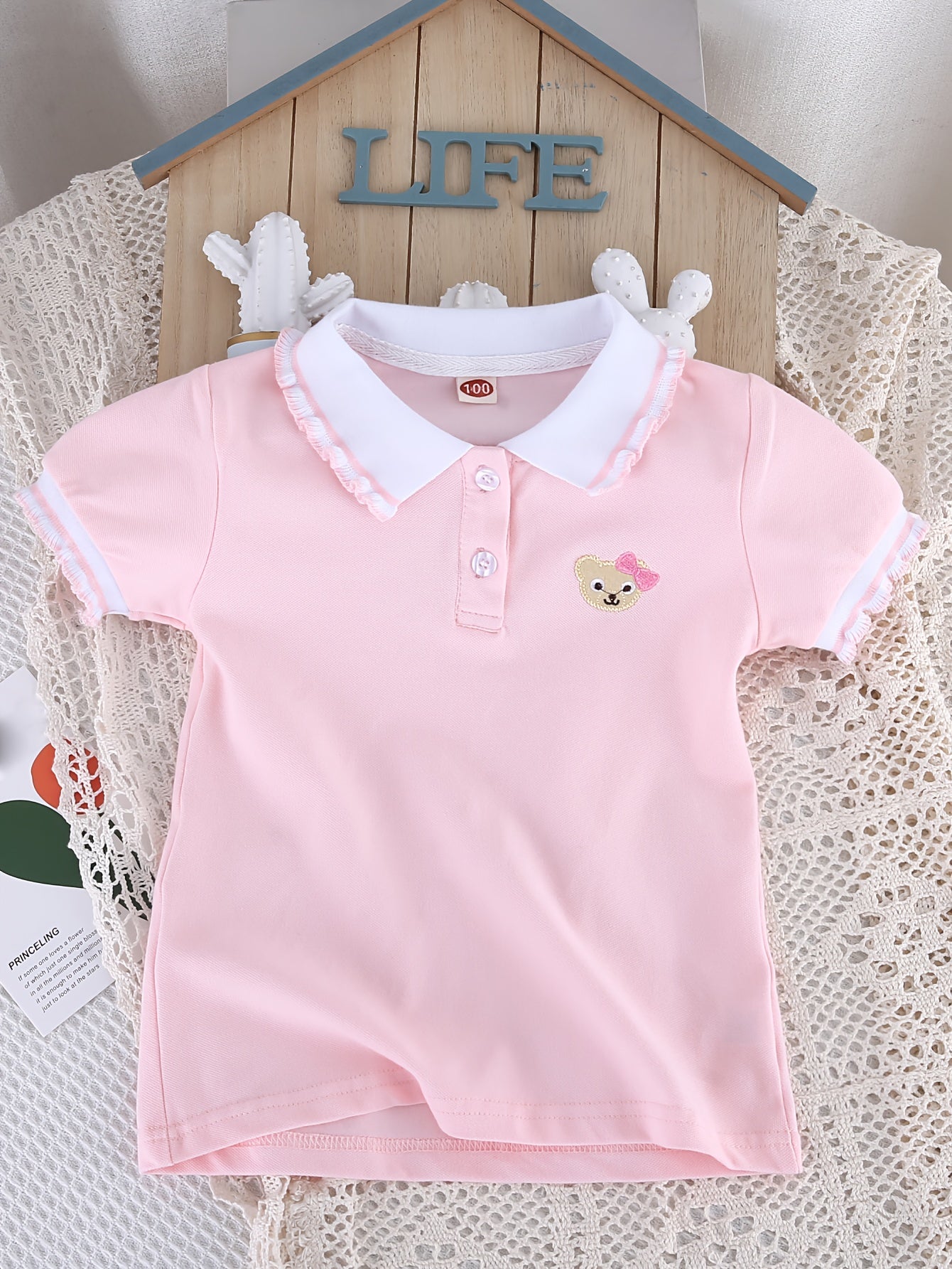 95% Cotton Sweet Girls Bear Graphic Short Sleeve Shirt Top For Summer Gift