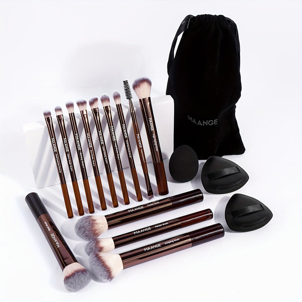 MAANGE 17pcs Professional Makeup Kit Include 13pcs Aluminum Makeup Brush&Velvet Bag&3pcs Makeup Sponge Puff, Powder Brush, Eye Shadow Brush, Blush Brush, Detail Brush, Travel Easy Carrying Set, Christmas Gift Set, Basic Makeup Tool