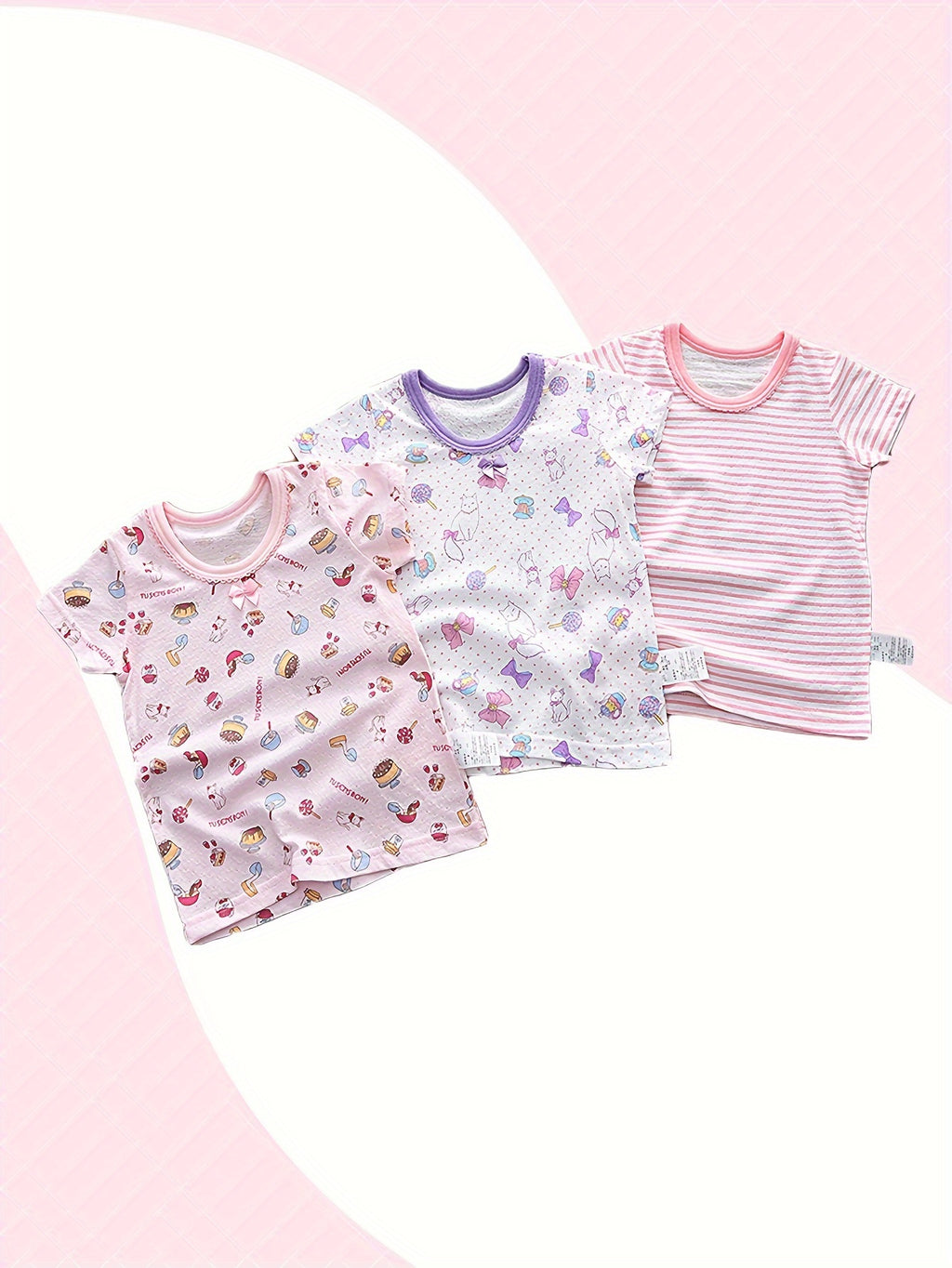 Girls' 3pcs Breathable Cotton T-Shirts - Cute Cartoon & Stripe Designs with Bow Detail, Short Sleeve, Round Neck - Perfect for Spring/Summer