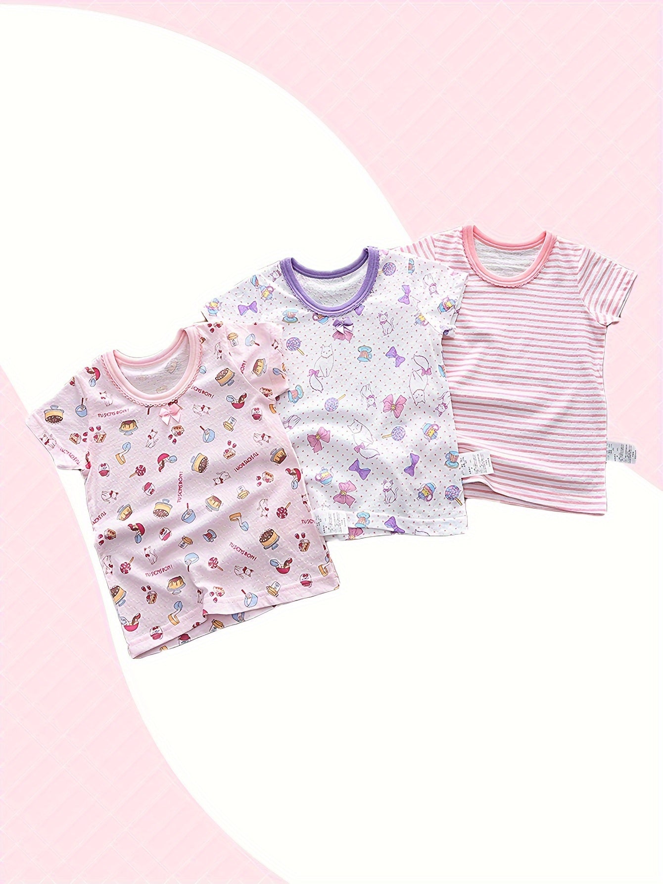Girls' 3pcs Breathable Cotton T-Shirts - Cute Cartoon & Stripe Designs with Bow Detail, Short Sleeve, Round Neck - Perfect for Spring/Summer